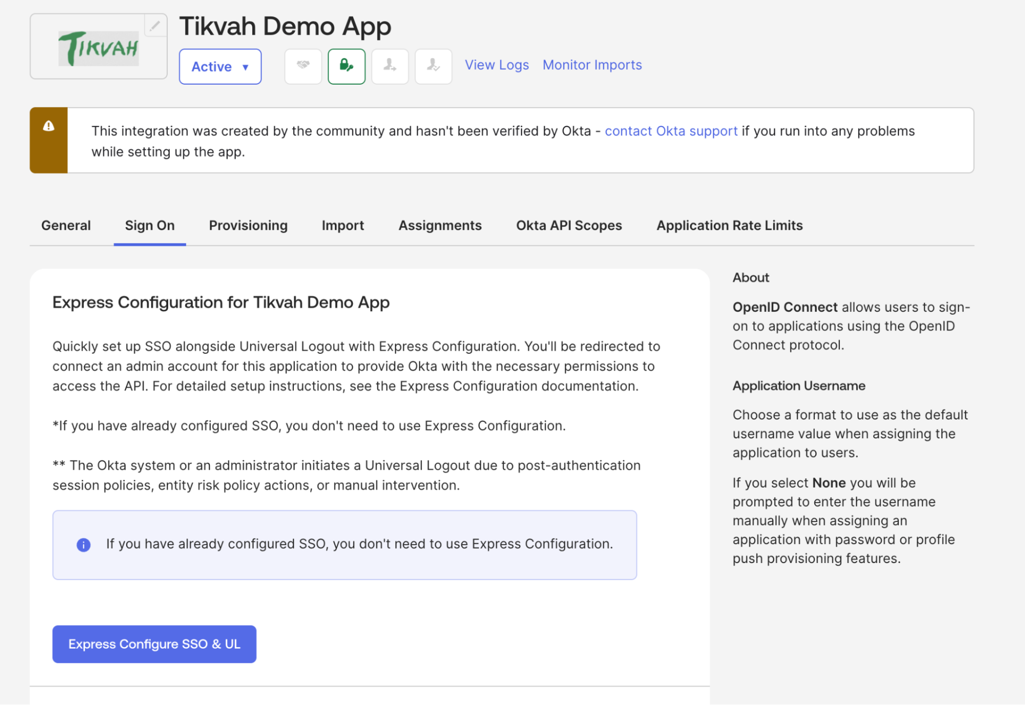 Okta Admin Console view showing the selection of an Auth0 Express Configuration application for setup.