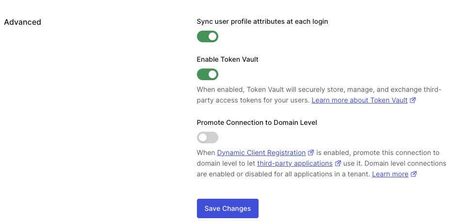 Screenshot of the Auth0 dashboard Google connection settings, highlighting the 'Enable Token Vault' switch in the on position.