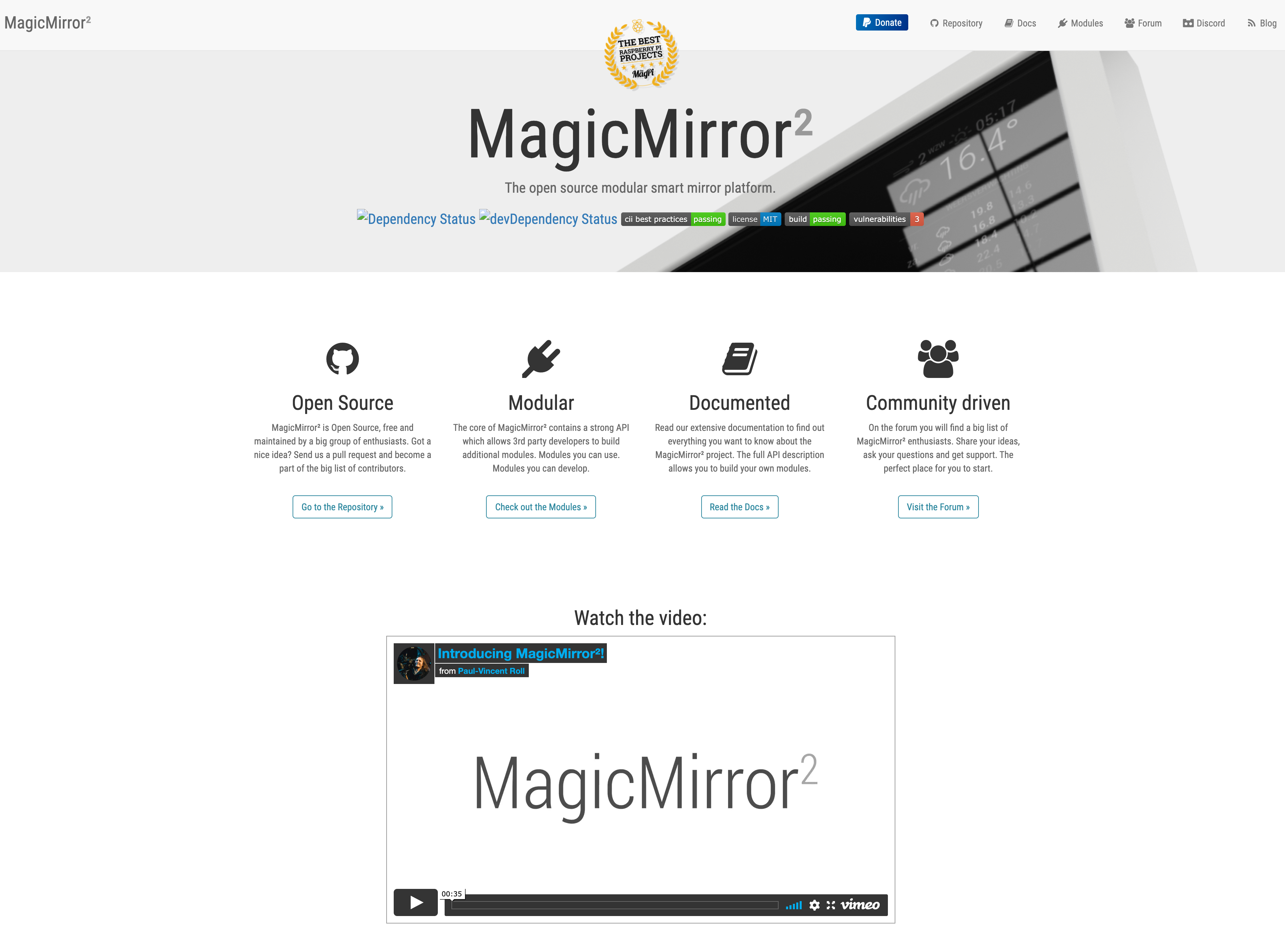 Screenshot of MagicMirror open source home page
