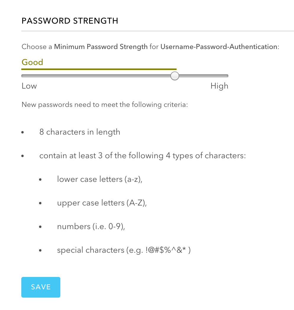 Setting the required password Strenght in Auth0