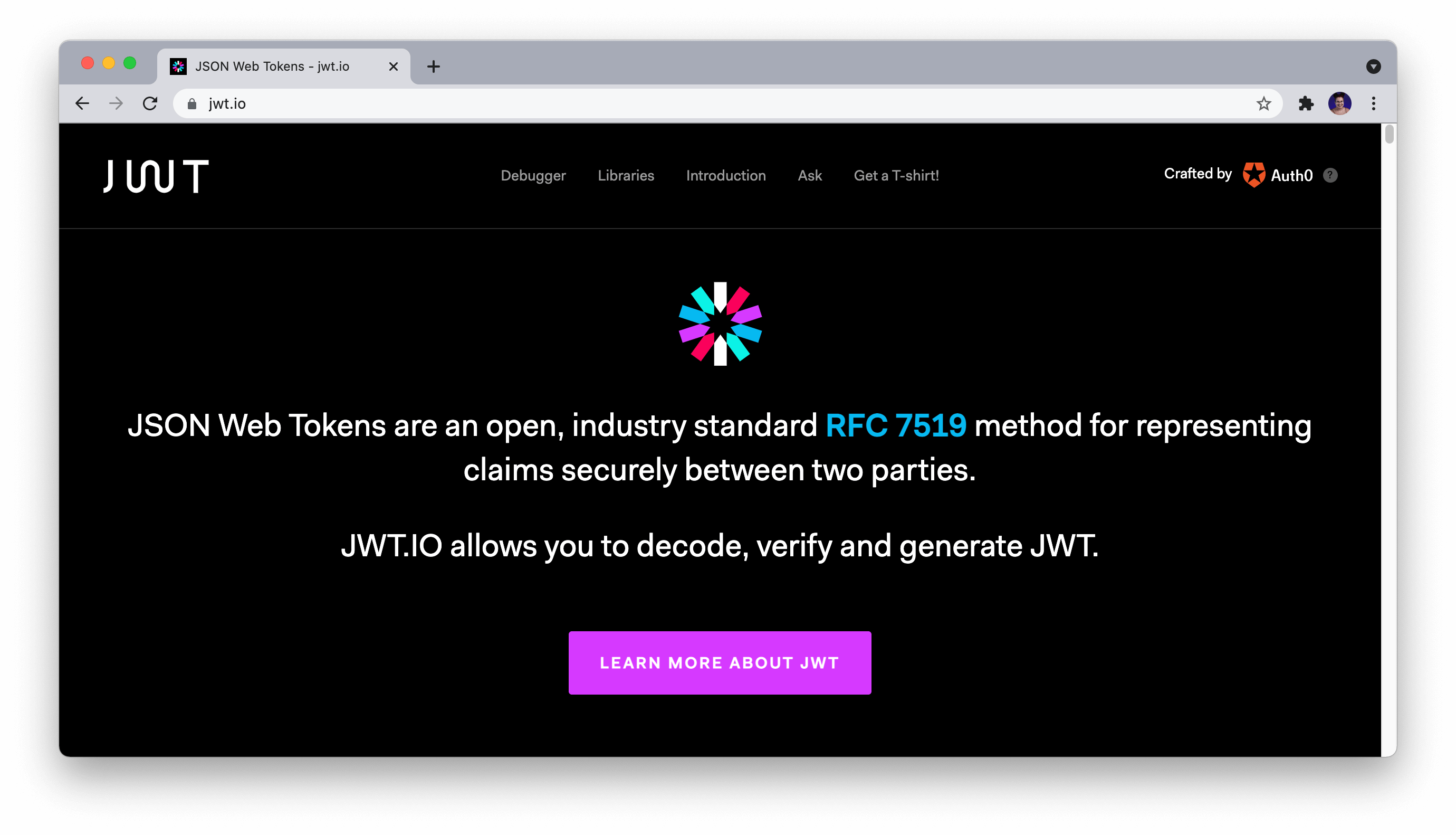 Screenshot of the beginning of JWT.io page