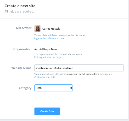 Create New Disqus Site