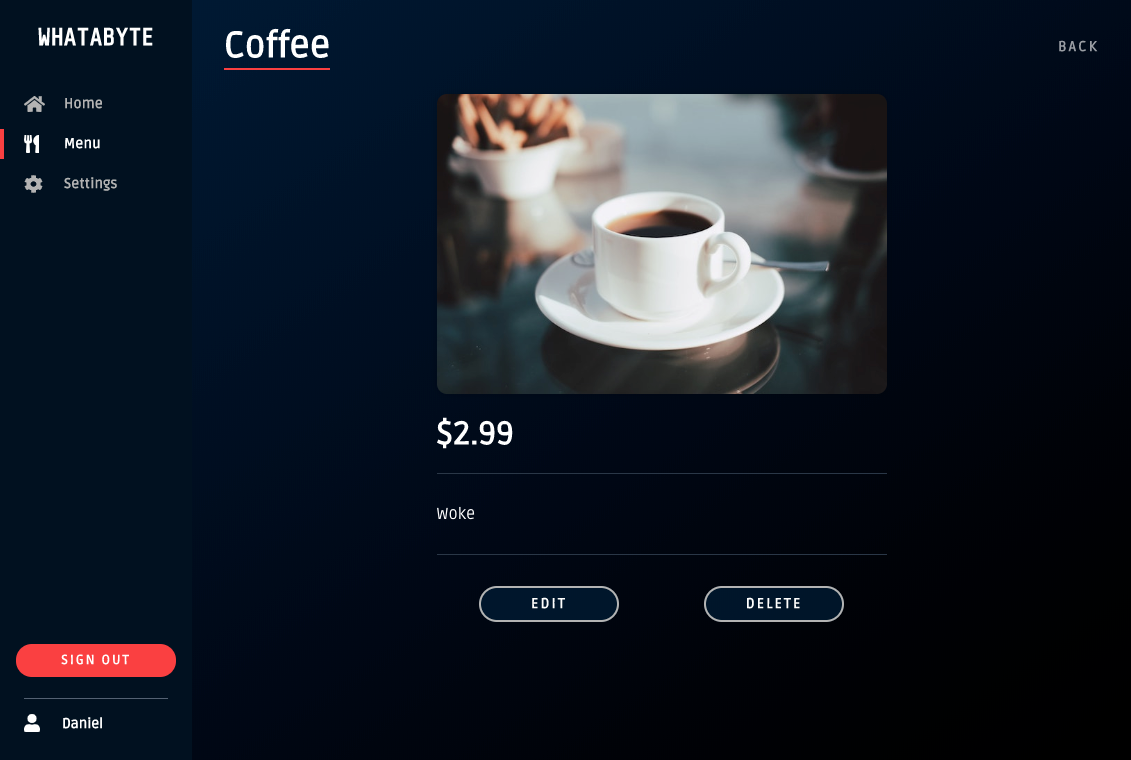 WAB Dashboard showing a newly added menu item, coffee