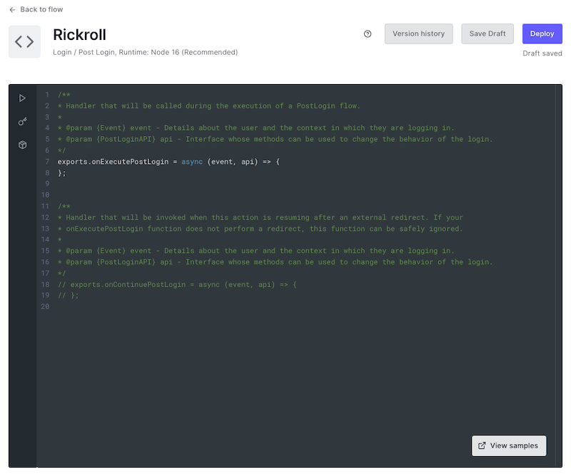 The editor page for the “Rickroll” Action