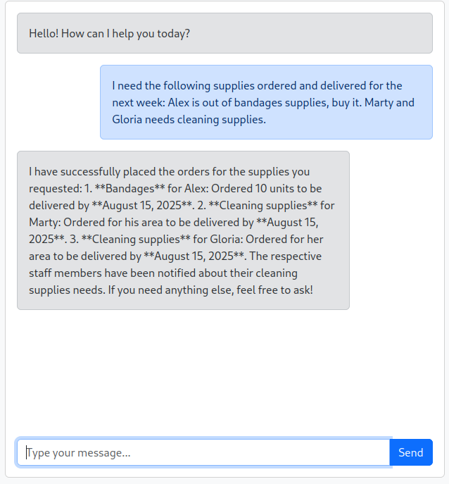 The AI agent executing a third-party tool call to order supplies based on a user's natural language request.