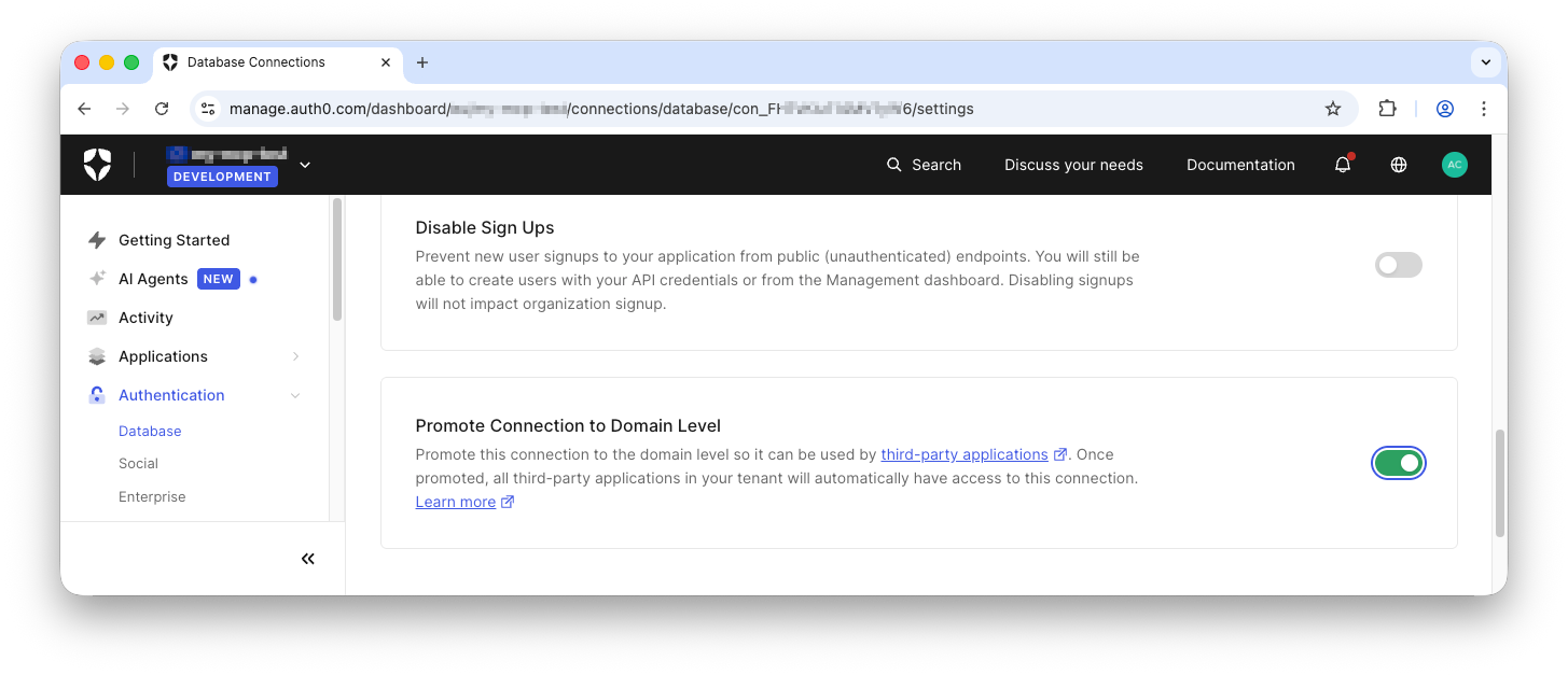 Promote Connection to Domain Level setting in the Auth0 dashboard