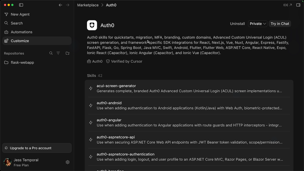 Expanded list of Auth0 plugin skills inside Cursor, including Flask and FastAPI