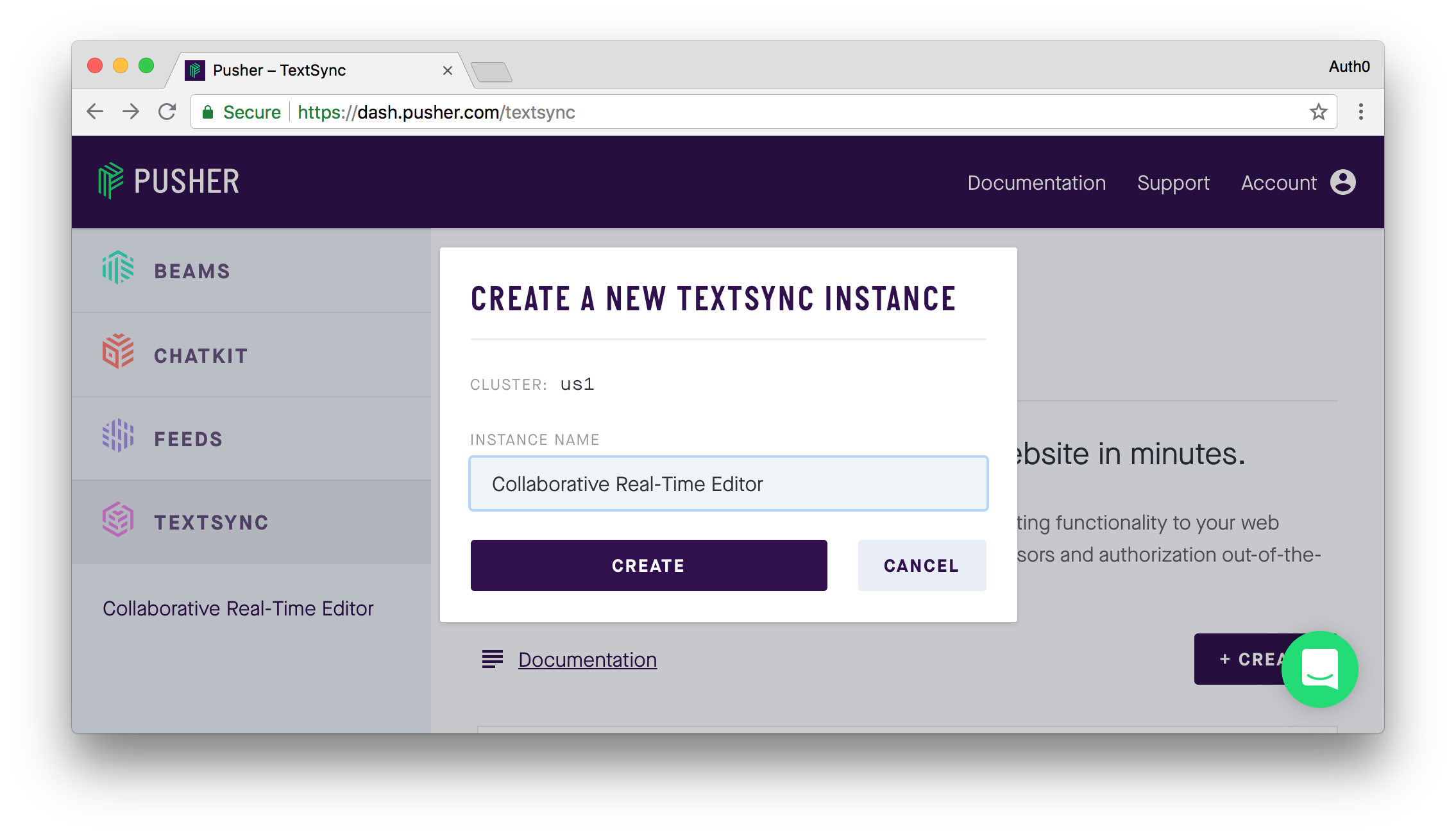 Creating a TextSync instance on Pusher