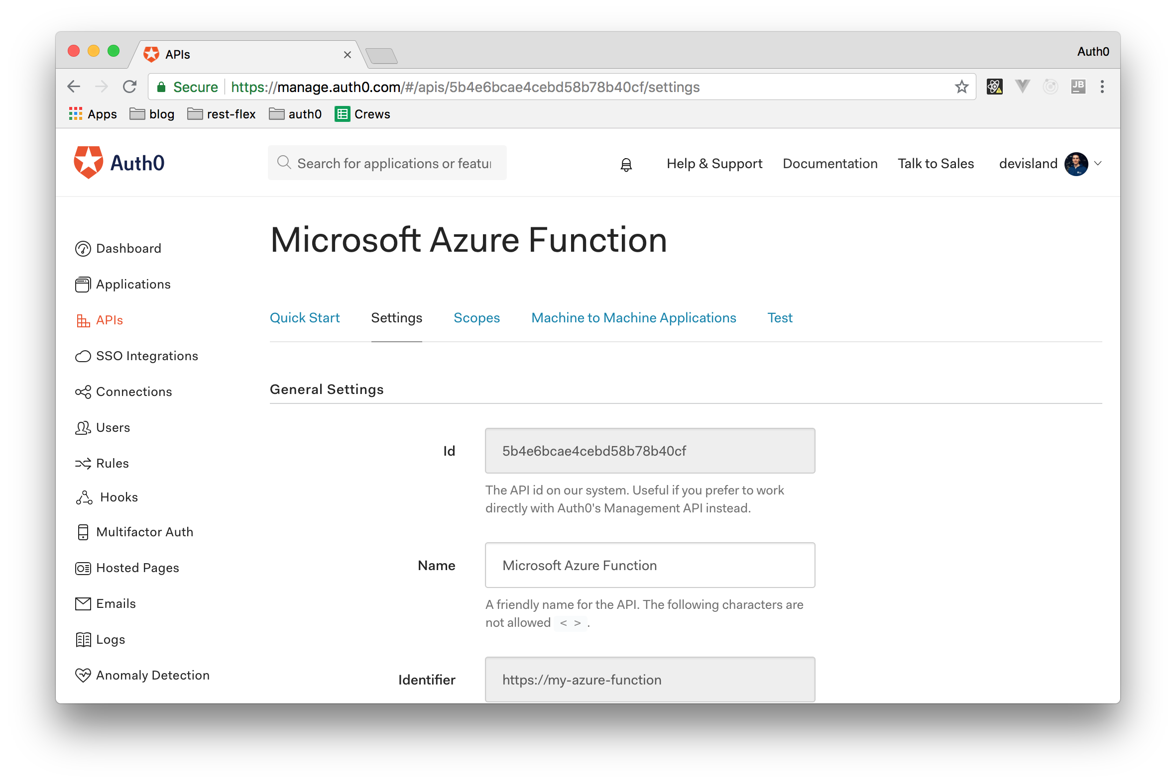 Creating an Auth0 API to represent the Azure Function