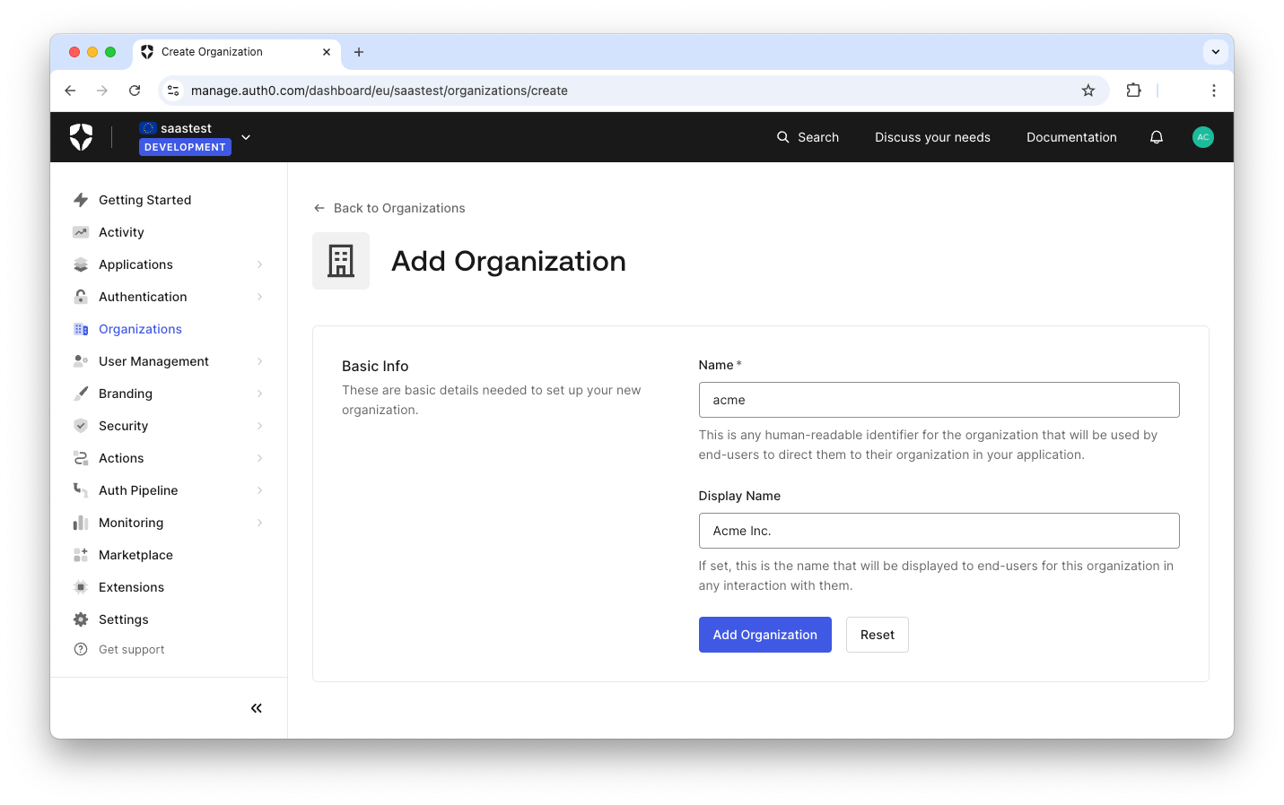 Create new Auth0 Organization