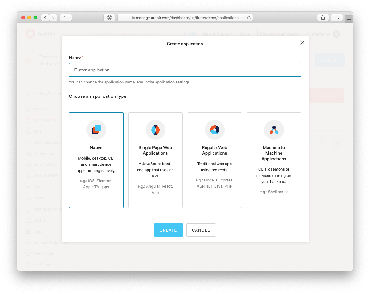 Auth0 Create application screen for Flutter app