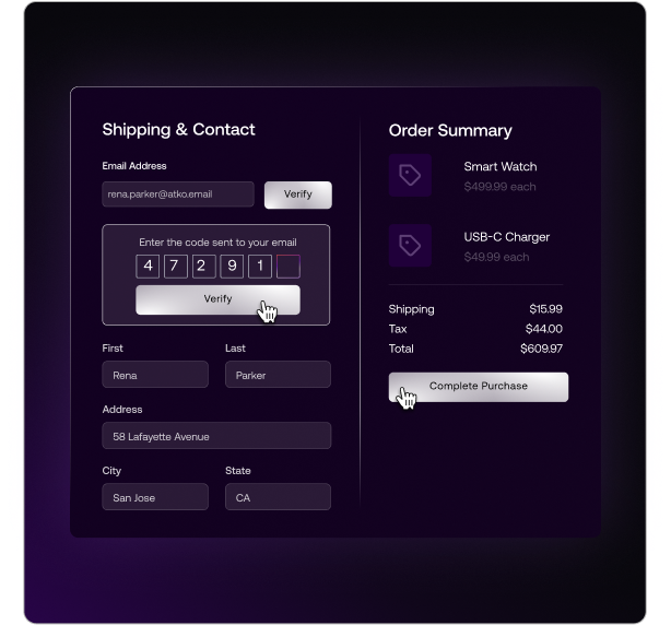 E-commerce checkout screen with inline background registration for frictionless identity conversion optimization.