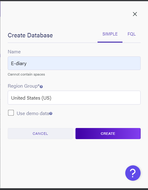 Create new database form