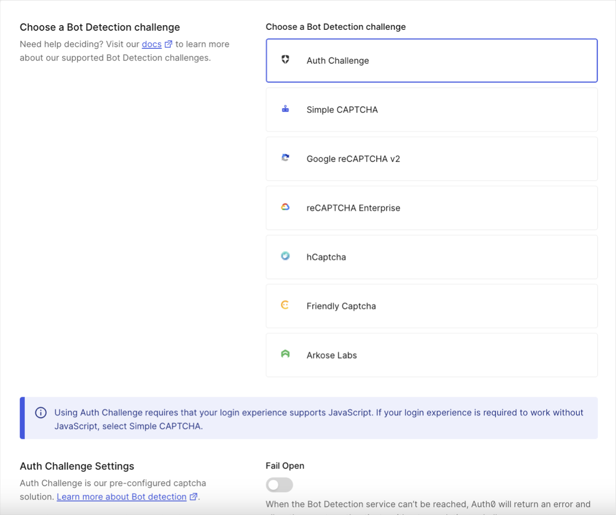 Screenshot of the Auth0 dashboard for configuring Bot Detection, showing options like Auth Challenge, Simple CAPTCHA, and Google reCAPTCHA