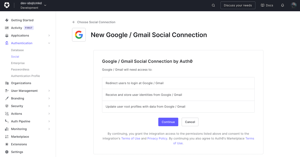 The “New Google/Gmail Social Connection” dialog in the Auth0 dashboard.