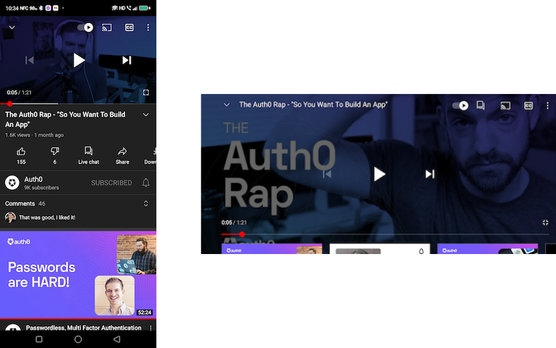 The YouTube app, shown in both orientations. In portrait orientation, it shows the video, ratings, and comments. In landscape orientation, the video takes up the entire screen.