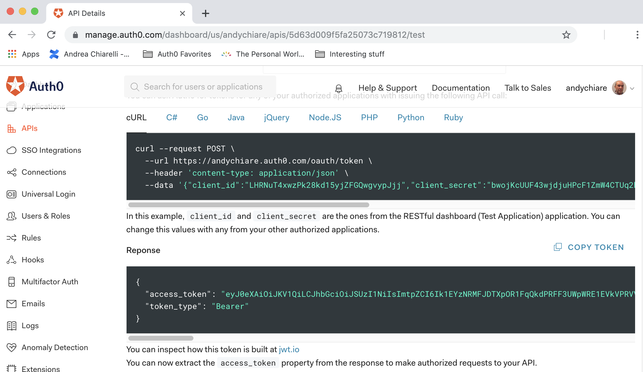 Copying temporary token from the Auth0 Dashboard