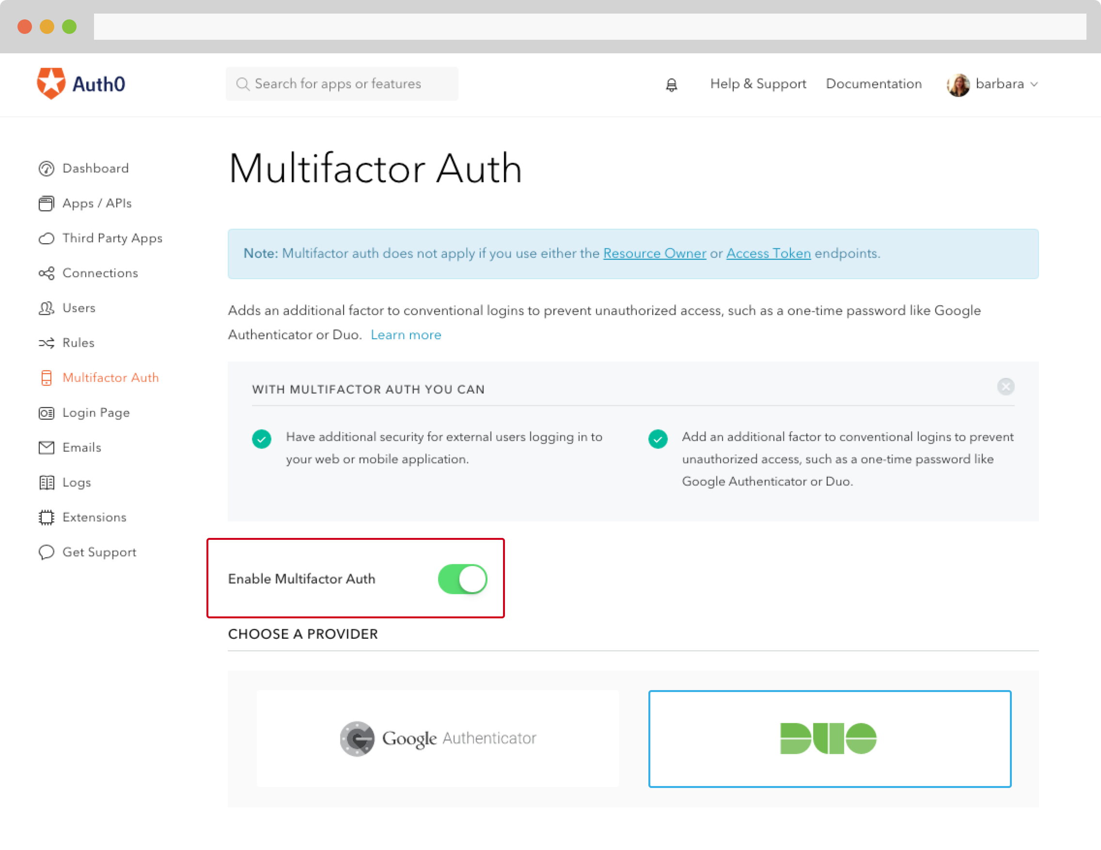 Enabling Multifactor in Auth0