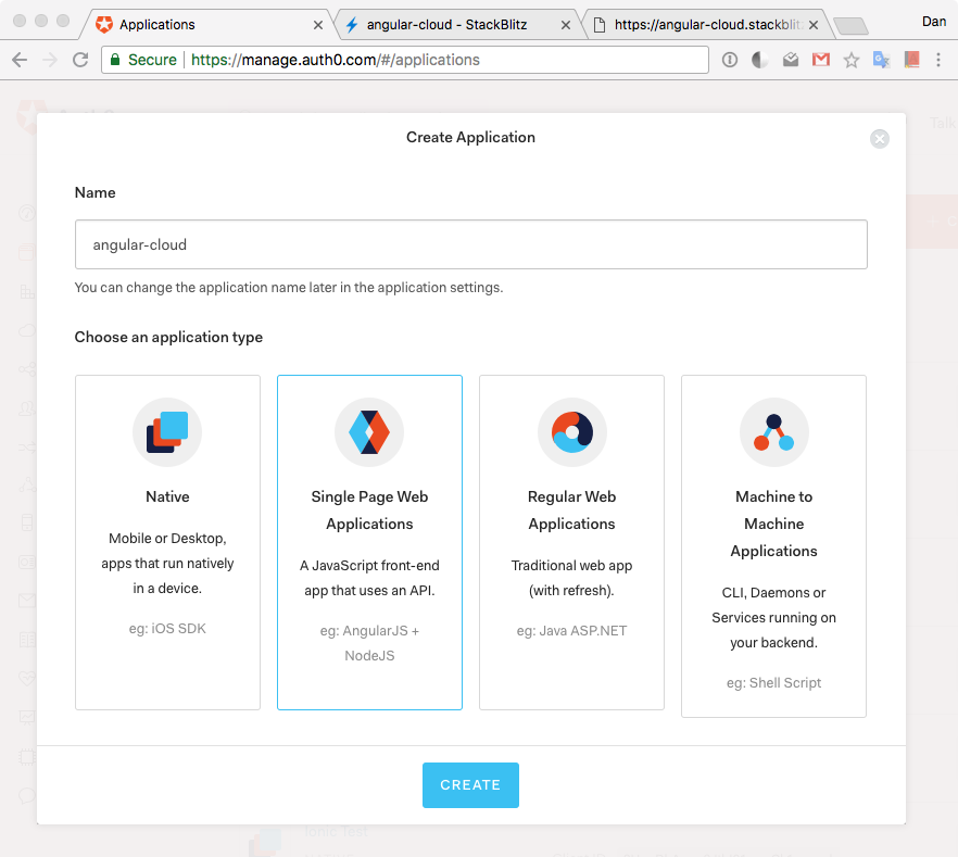 Auth0 Create Application view