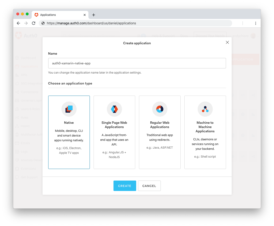 Register new native application in Auth0 dashboard
