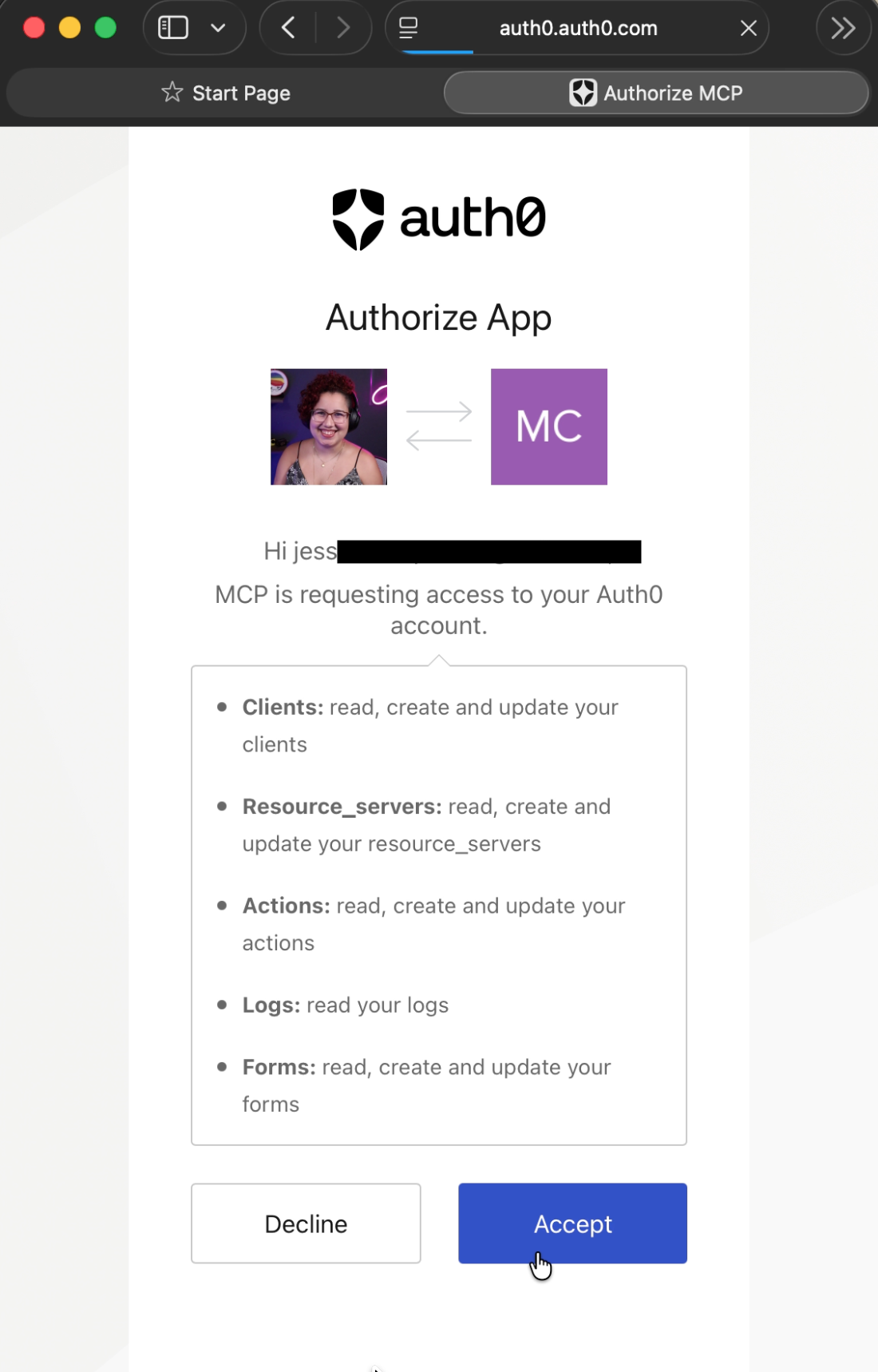 Auth0 authorization screen showing requested permissions for Auth0 MCP Server extension