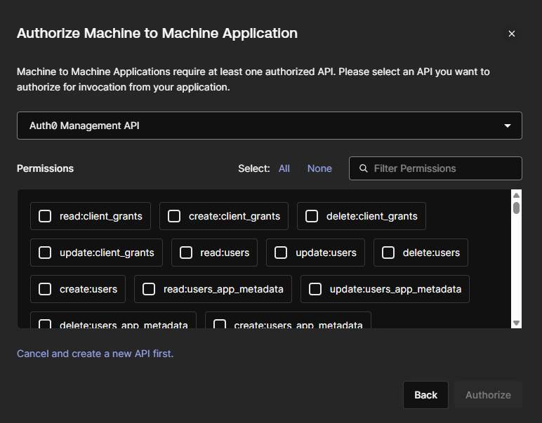 Auth0 Authorize Machine to Machine Application screen