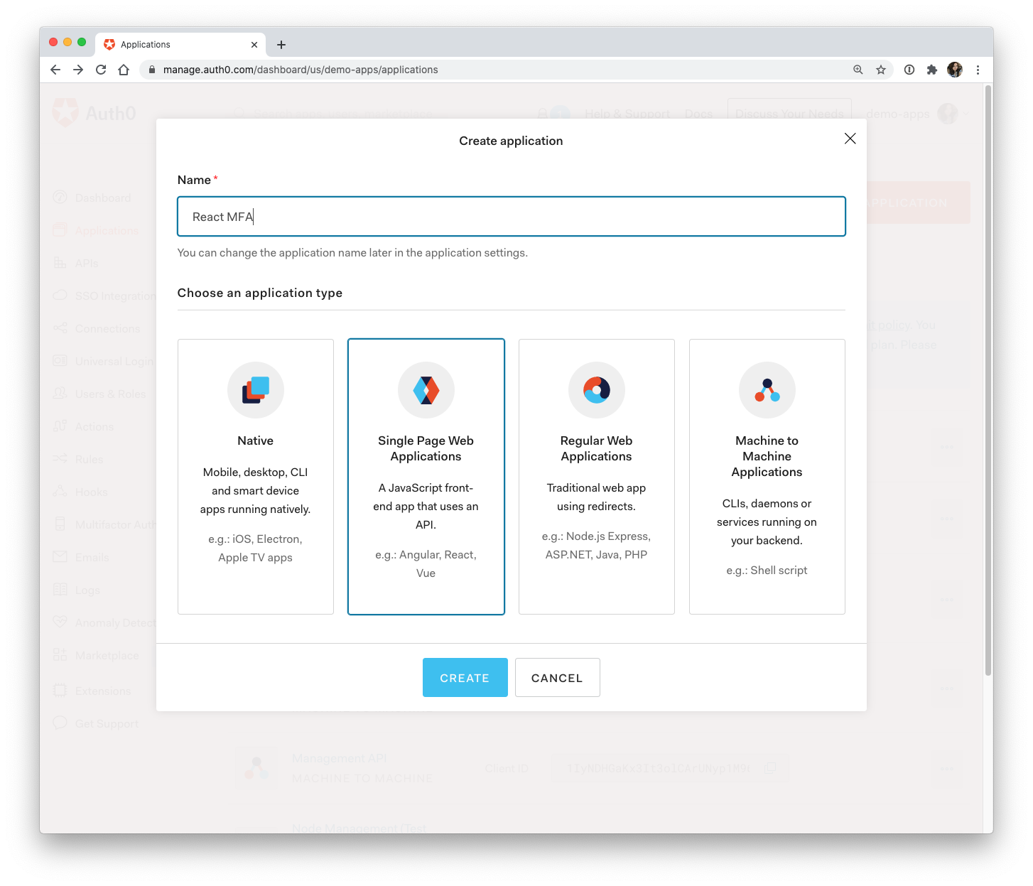Auth0 new application