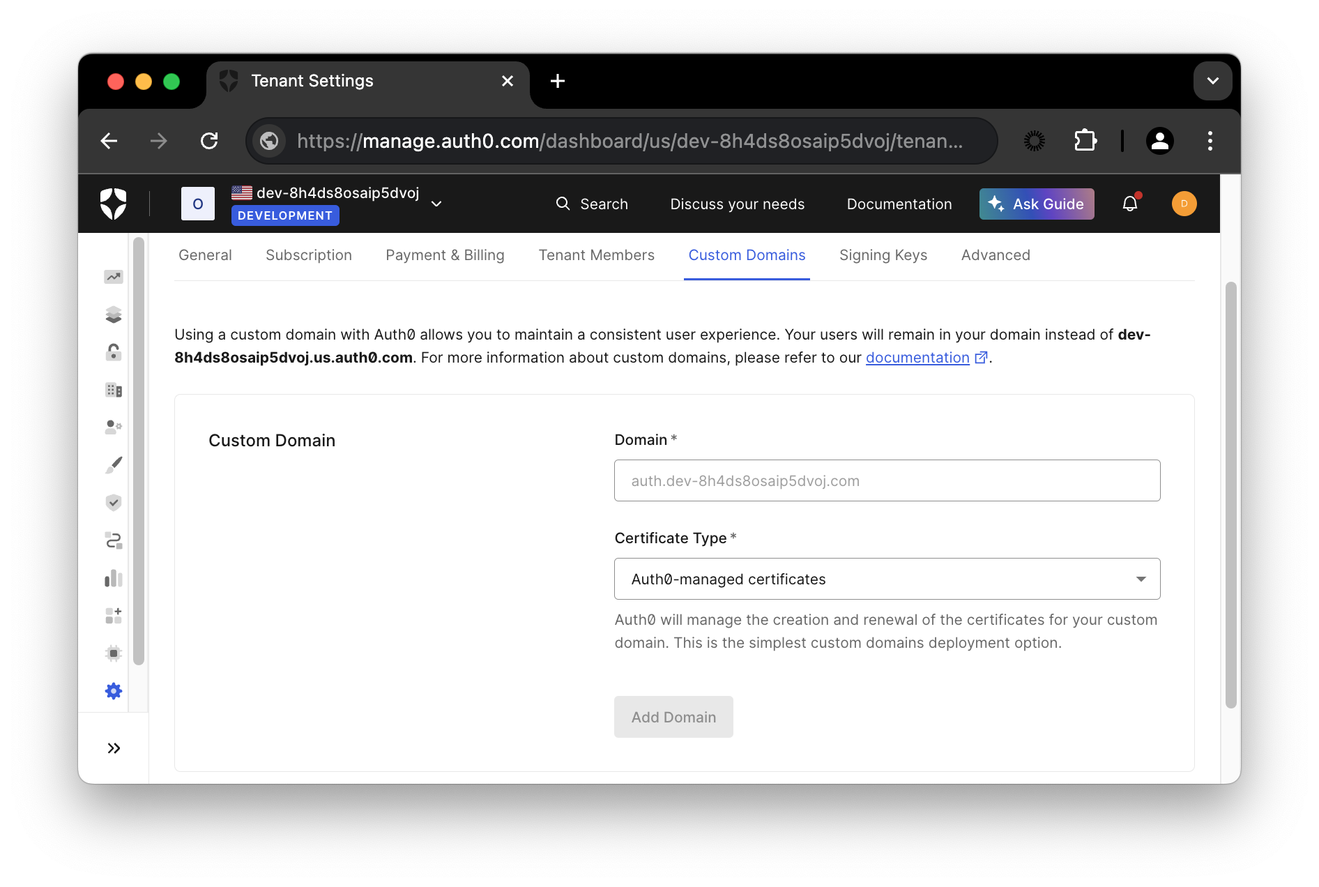 Auth0 custom domains tenant settings