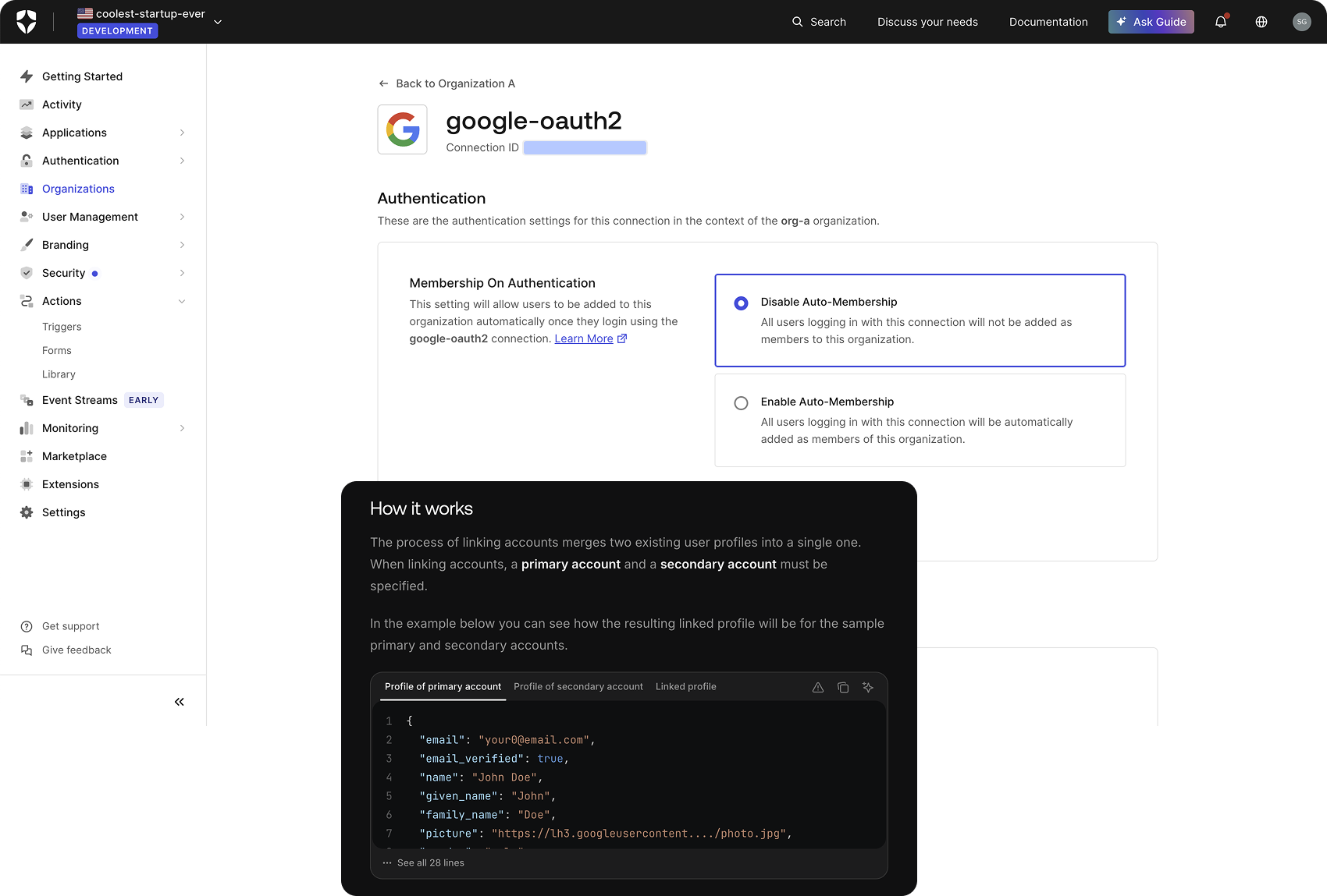 Linking accounts on the Organization screen