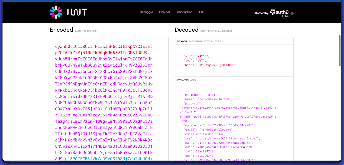 The “JWT.io” site showing an ID token in encoded and decoded form.