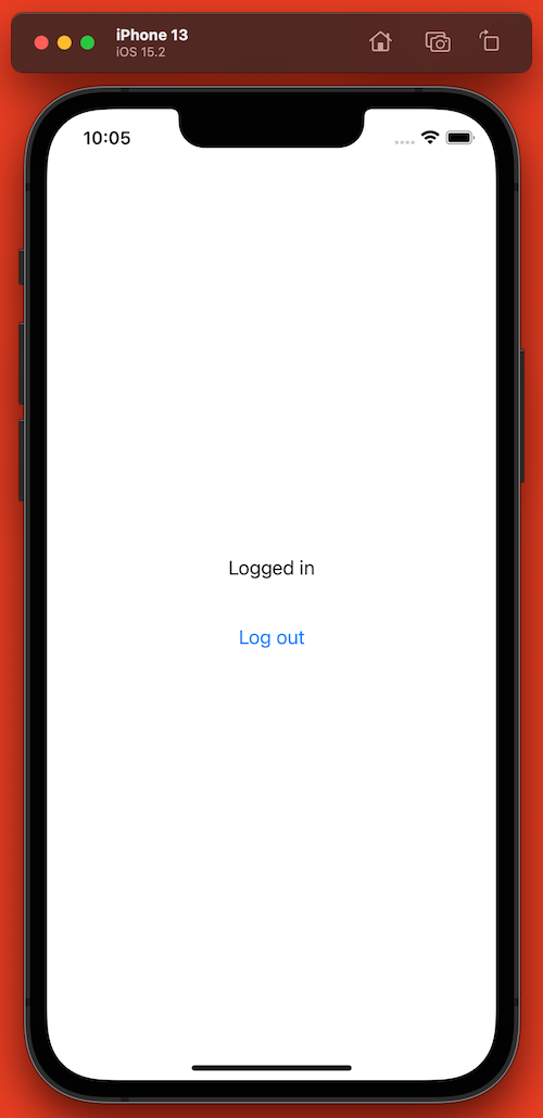 The app’s “Logged in” screen, featuring the text “Logged in” and a “Log out” button.