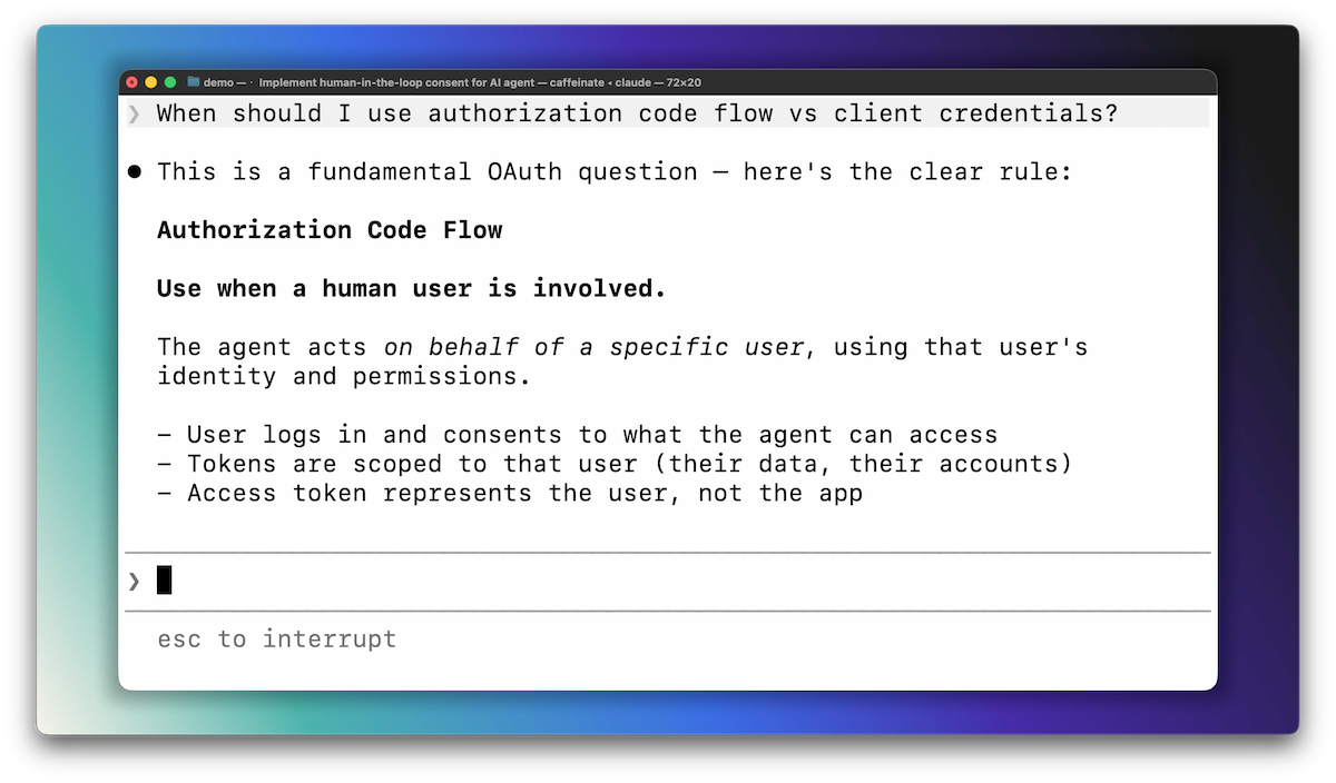Claude Code answering the question: When should I use authorization code flow vs client credentials?