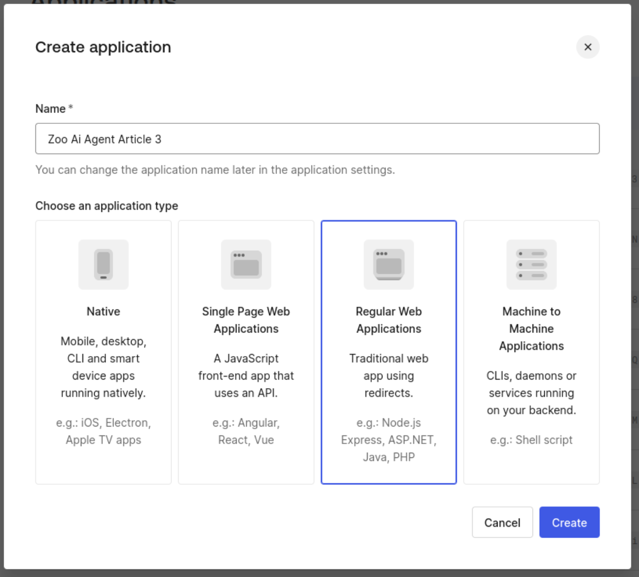 Regular Web Application named "Zoo AI Agent Article 3" creation in the Auth0 Dashboard