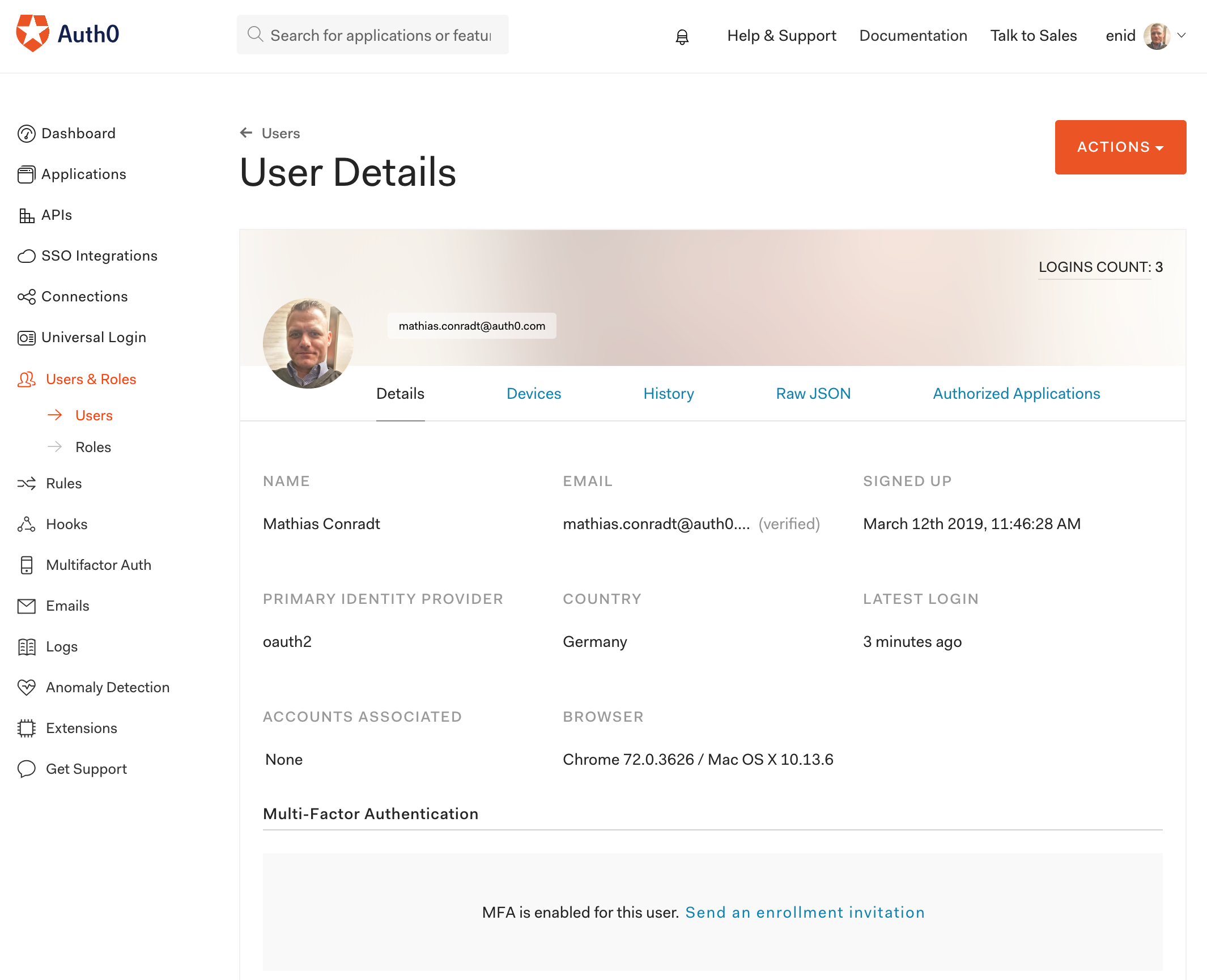 Viewing detailed information about the registered user