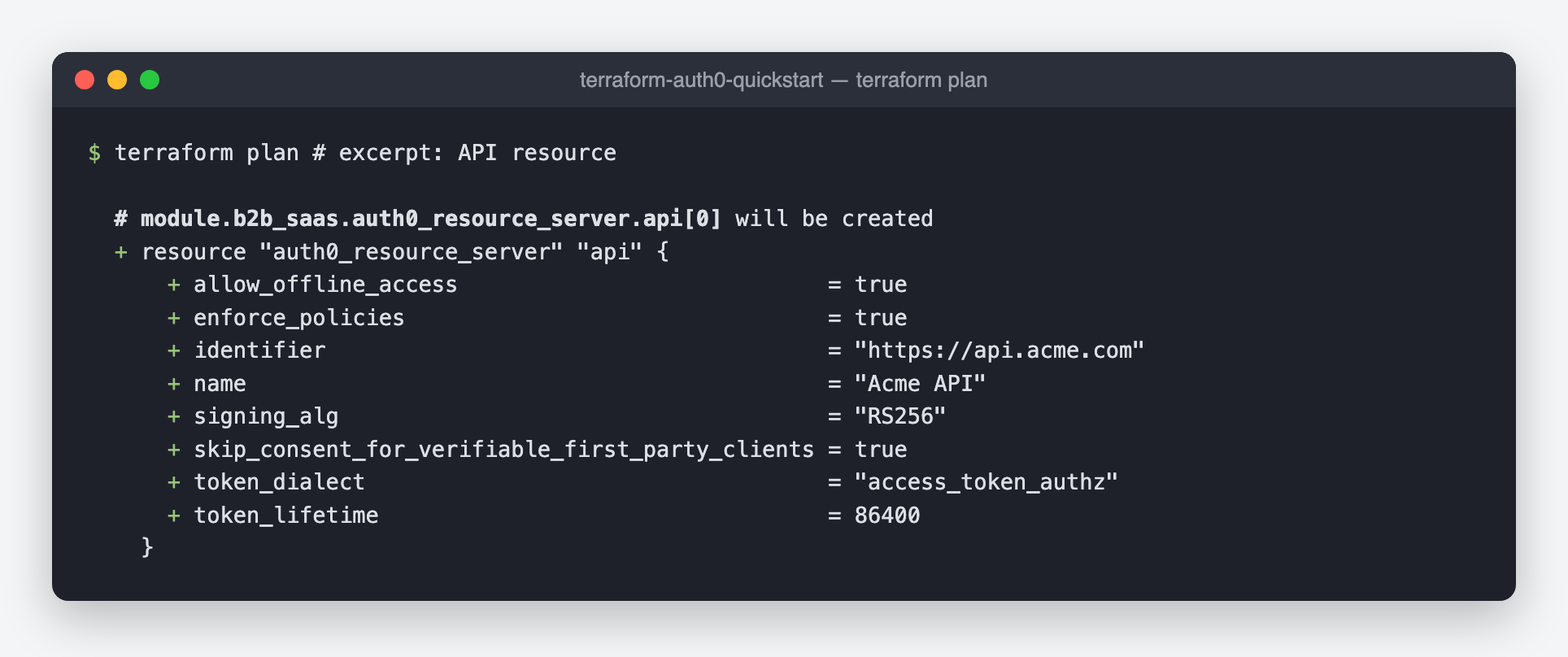 The API resource in the plan, with RBAC enforcement turned on
