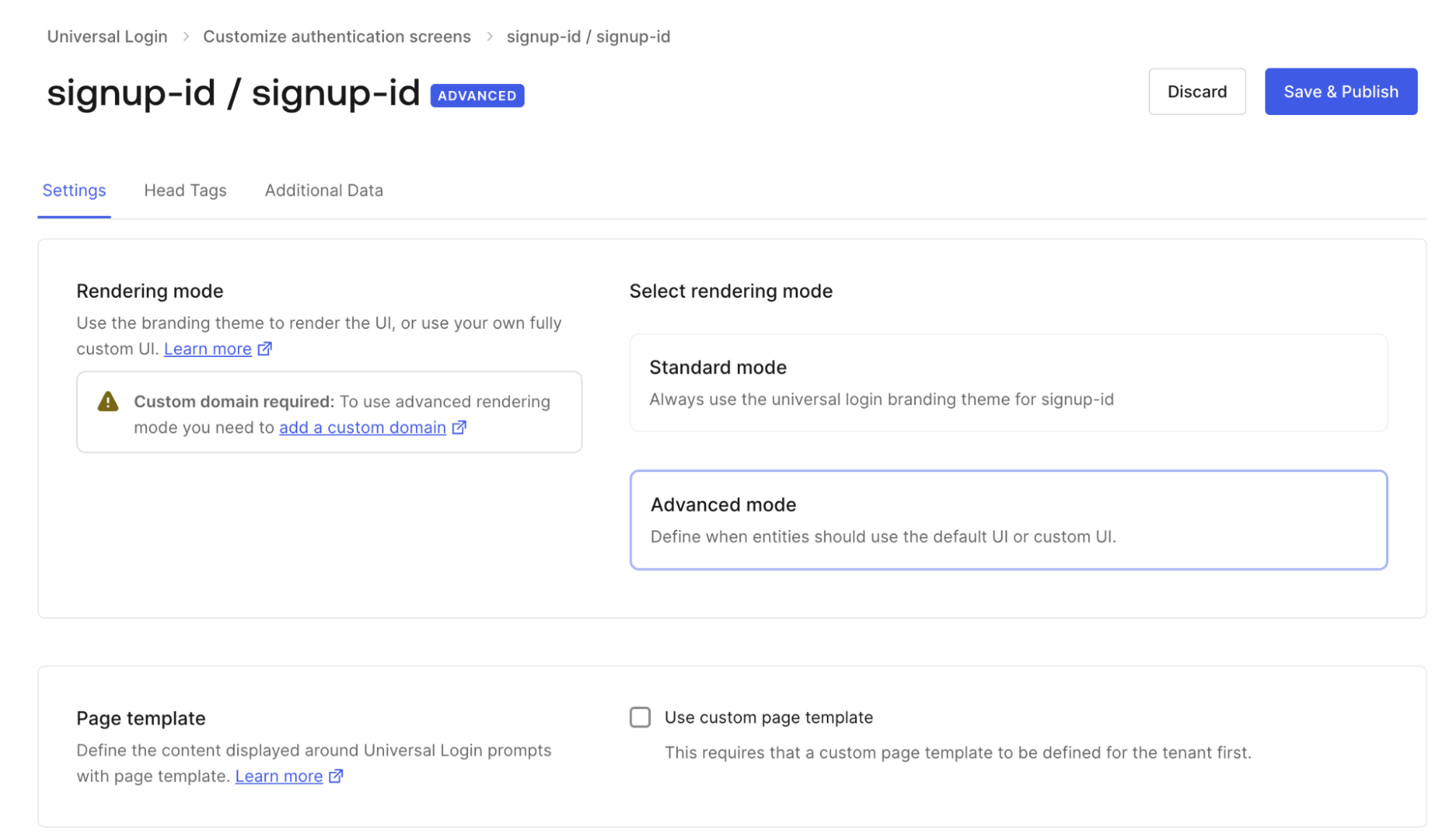 User can enable Advanced Rendering Mode selectively in the Auth0 Dashboard