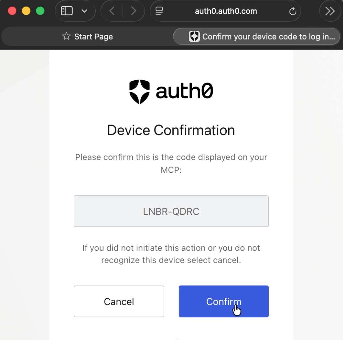 Auth0 device authorization screen displaying device code and instructions to complete authentication