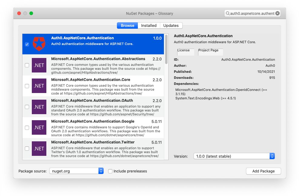 Installing the Auth0 ASP.NET SDK with NuGet Package Manager UI