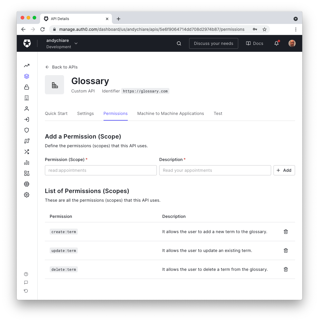 Defining permissions in the Auth0 Dashboard