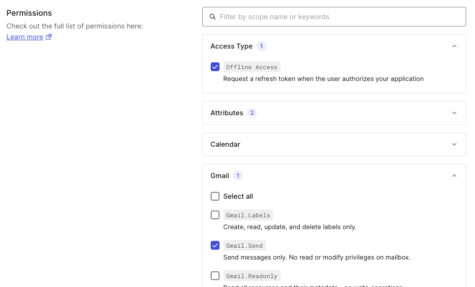 Screenshot of the Auth0 dashboard Google connection settings, showing the 'Offline Access' and 'Gmail.Send' permissions enabled.