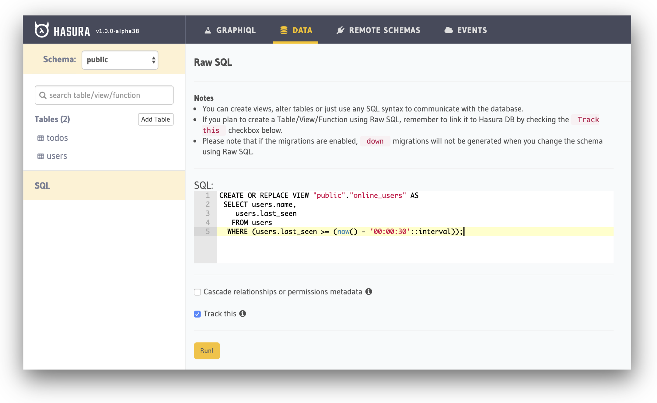 Creating a view using SQL inside the Hasura Console