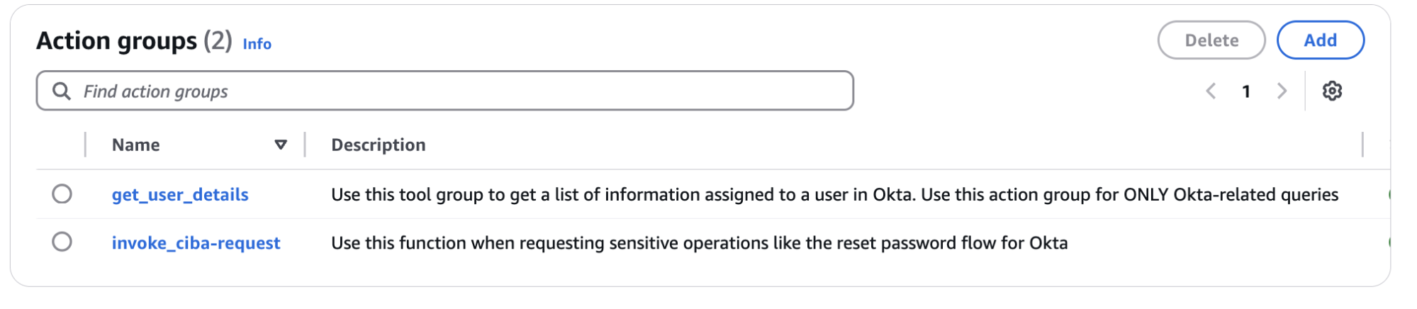 Action Groups supporting the AI agent