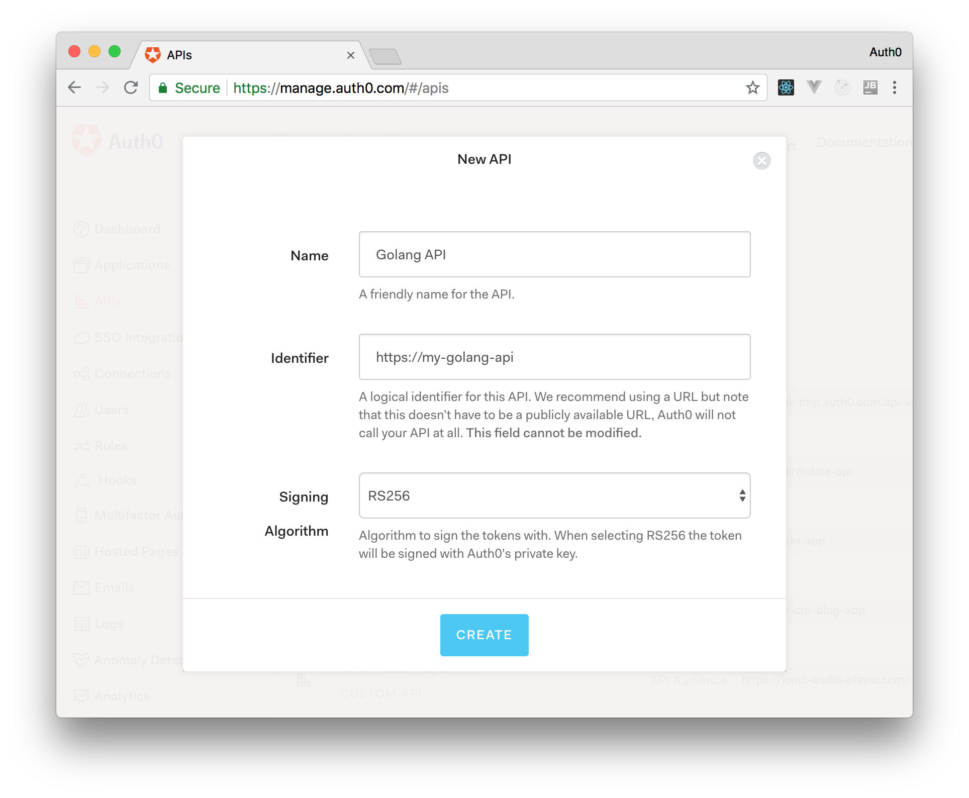 Creating an Auth0 API to represent a Golang backend