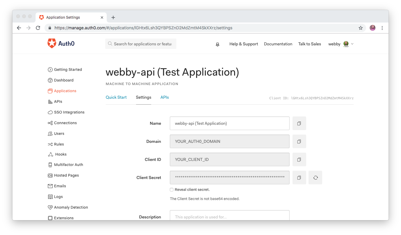 Checking the Auth0 Application created for your Auth0 API.
