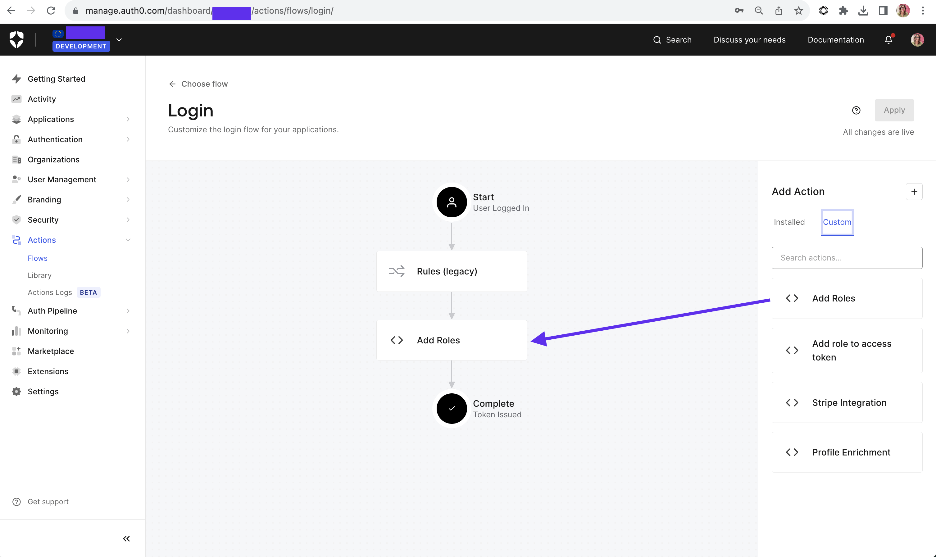 Login Flow - drag and drop role action