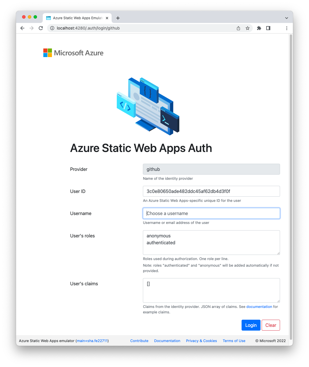 Azure SWA authentication emulator page