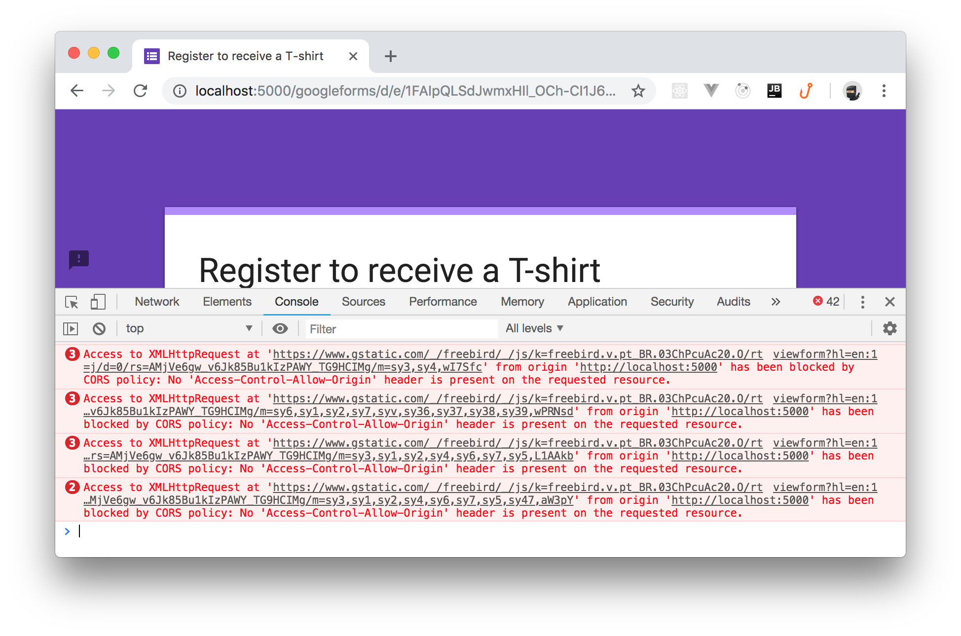 Dev tools console error messages shown while serving the Google Forms within application