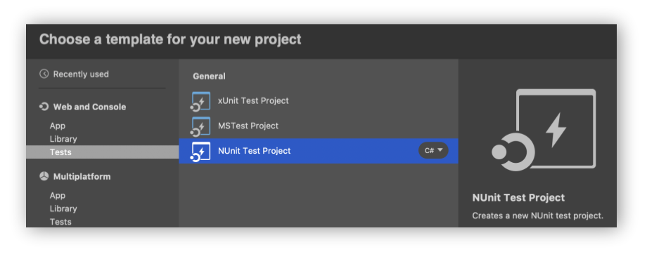 NUnit Test Project in Visual Studio for Mac