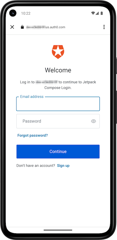 The app, displaying the Auth0 Universal Login screen with fields for the user to enter their email address and password, and a “Continue” button.
