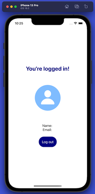 The app’s initial “Logged in” screen, featuring the text “You’re logged in!” and placeholders for the user’s photo, name, and email address.